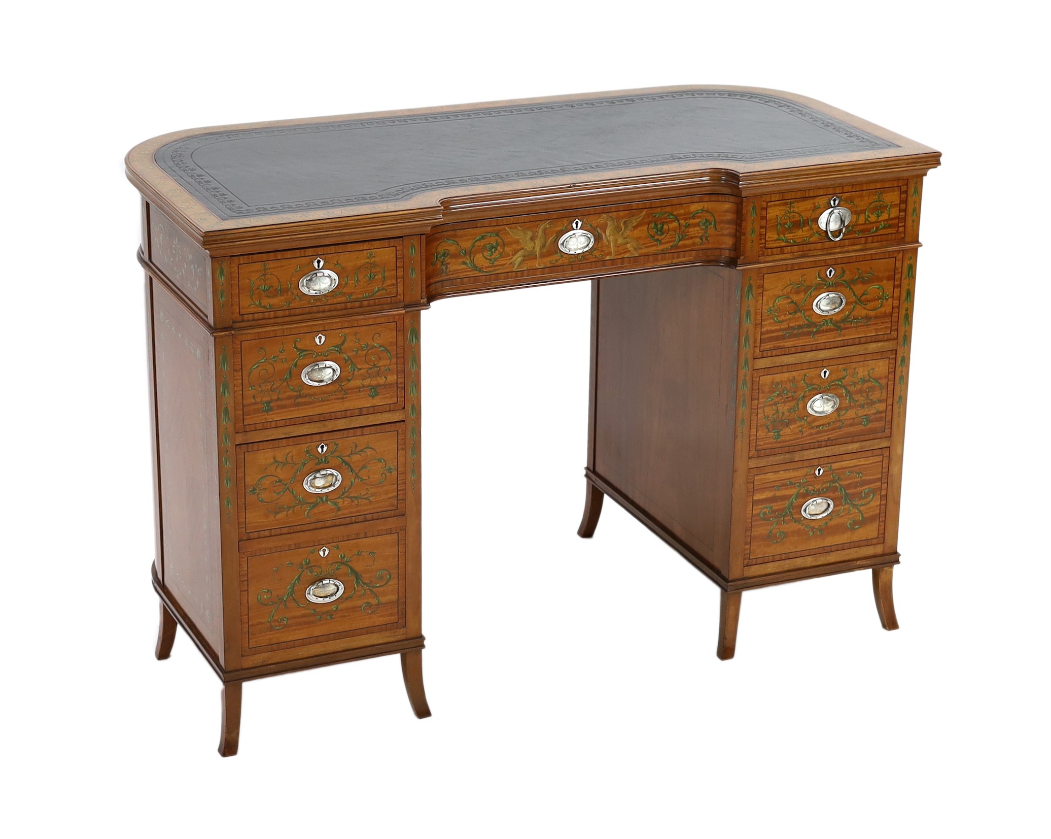 An Edwardian painted satinwood kneehole desk, W.110cm D.53cm H.75cm